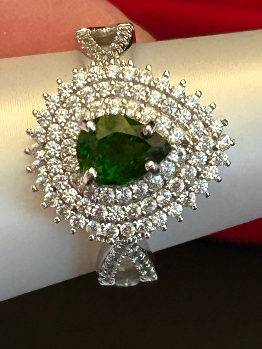 1.00CT Pear Shape Green Chrome Diopside w/1.17CT White Zircon Triple Halo Ring